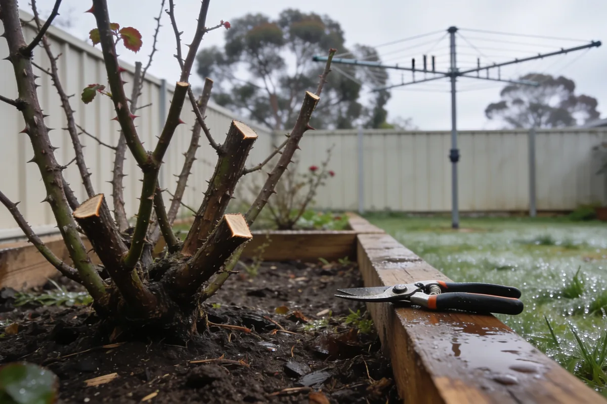 A winter-pruned rose cut back to bare canes in an Australian back garden, secateurs resting on the timber edge of a raised bed, wet grass and a Hills hoist behind under overcast light