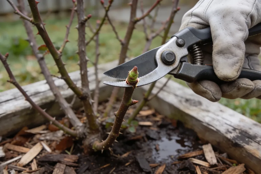 A gloved hand holding secateurs making an angled cut on a bare rose cane just above an outward-facing bud, in an Australian winter garden.