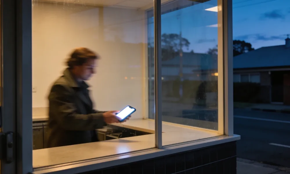 A person in a coat paying with a phone at a counter seen from outside a glowing shop window at dusk, their reflection on the glass and the cold blue street beyond