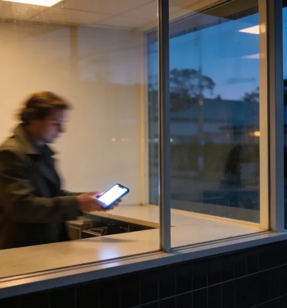 A person in a coat paying with a phone at a counter seen from outside a glowing shop window at dusk, their reflection on the glass and the cold blue street beyond