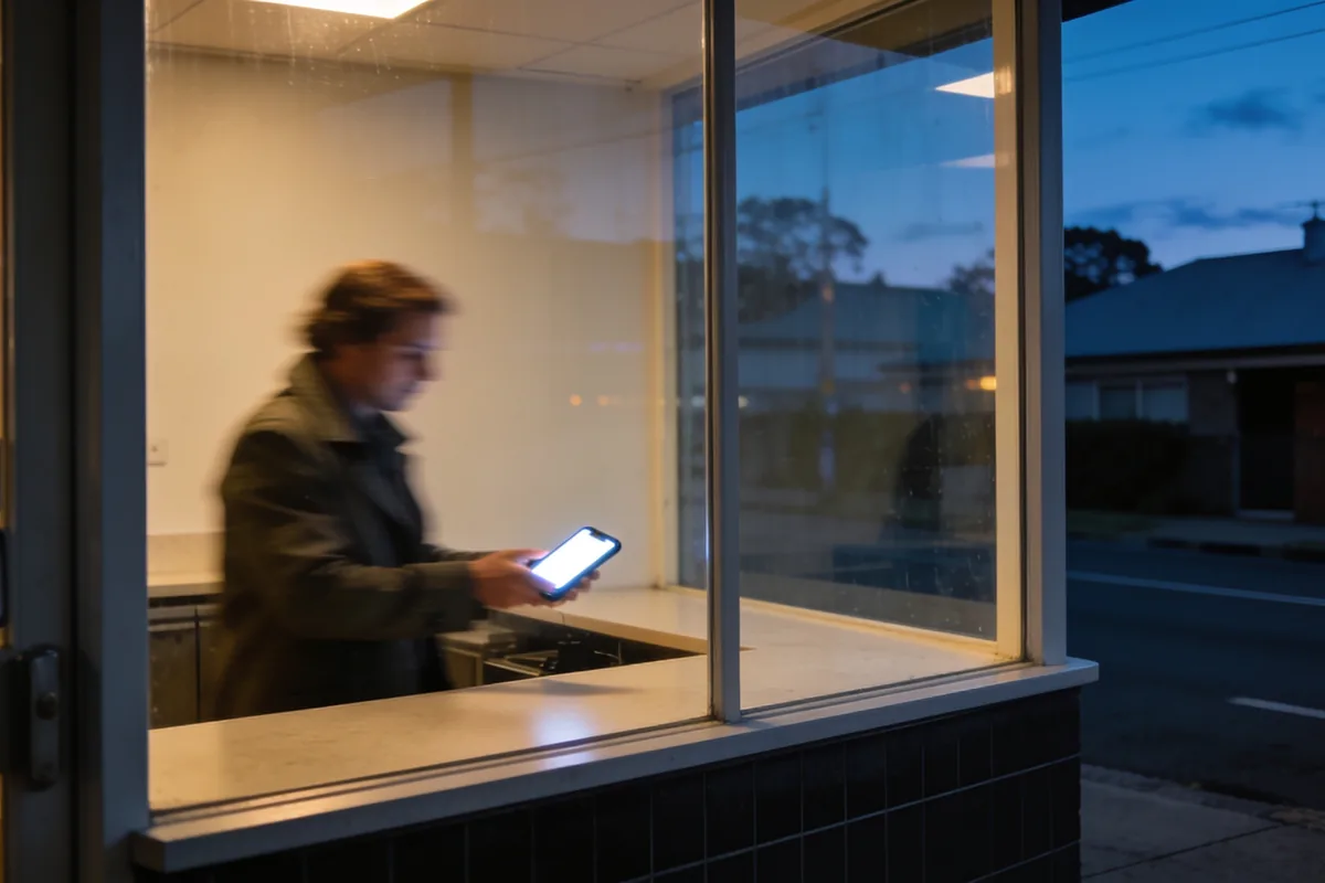 A person in a coat paying with a phone at a counter seen from outside a glowing shop window at dusk, their reflection on the glass and the cold blue street beyond