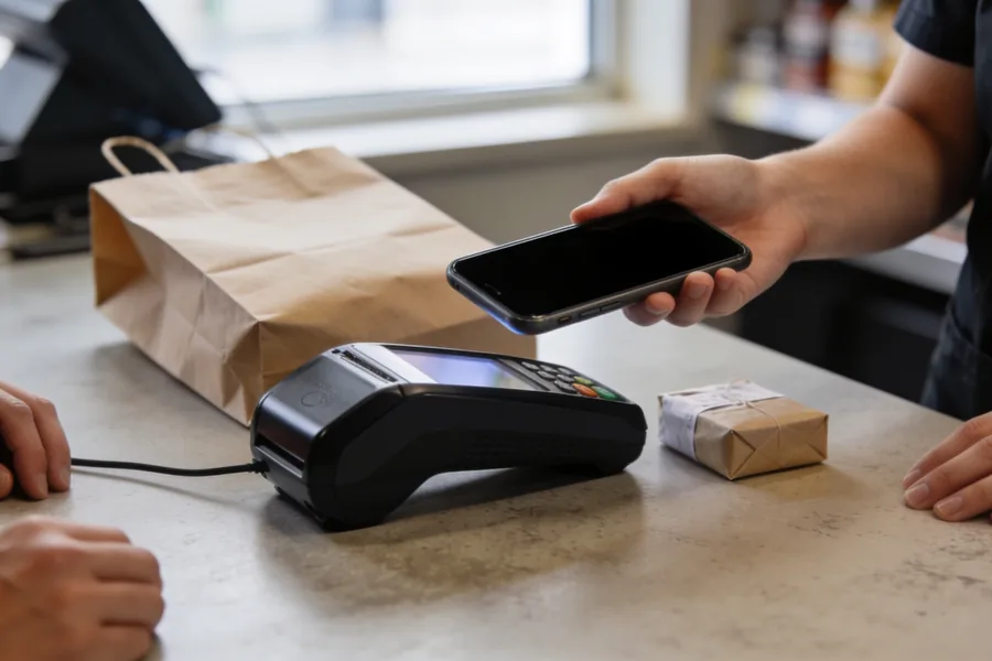 A customer holding a phone over a card reader at an Australian shop counter, a paper bag and a small parcel beside them.