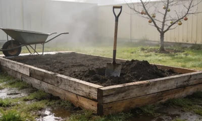 An empty raised garden bed of weathered hardwood sleepers holding heaped dark soil, a spade standing in it and a wheelbarrow beside, on wet lawn in a misty Australian backyard