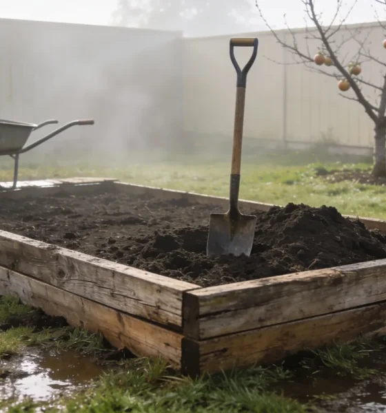 An empty raised garden bed of weathered hardwood sleepers holding heaped dark soil, a spade standing in it and a wheelbarrow beside, on wet lawn in a misty Australian backyard
