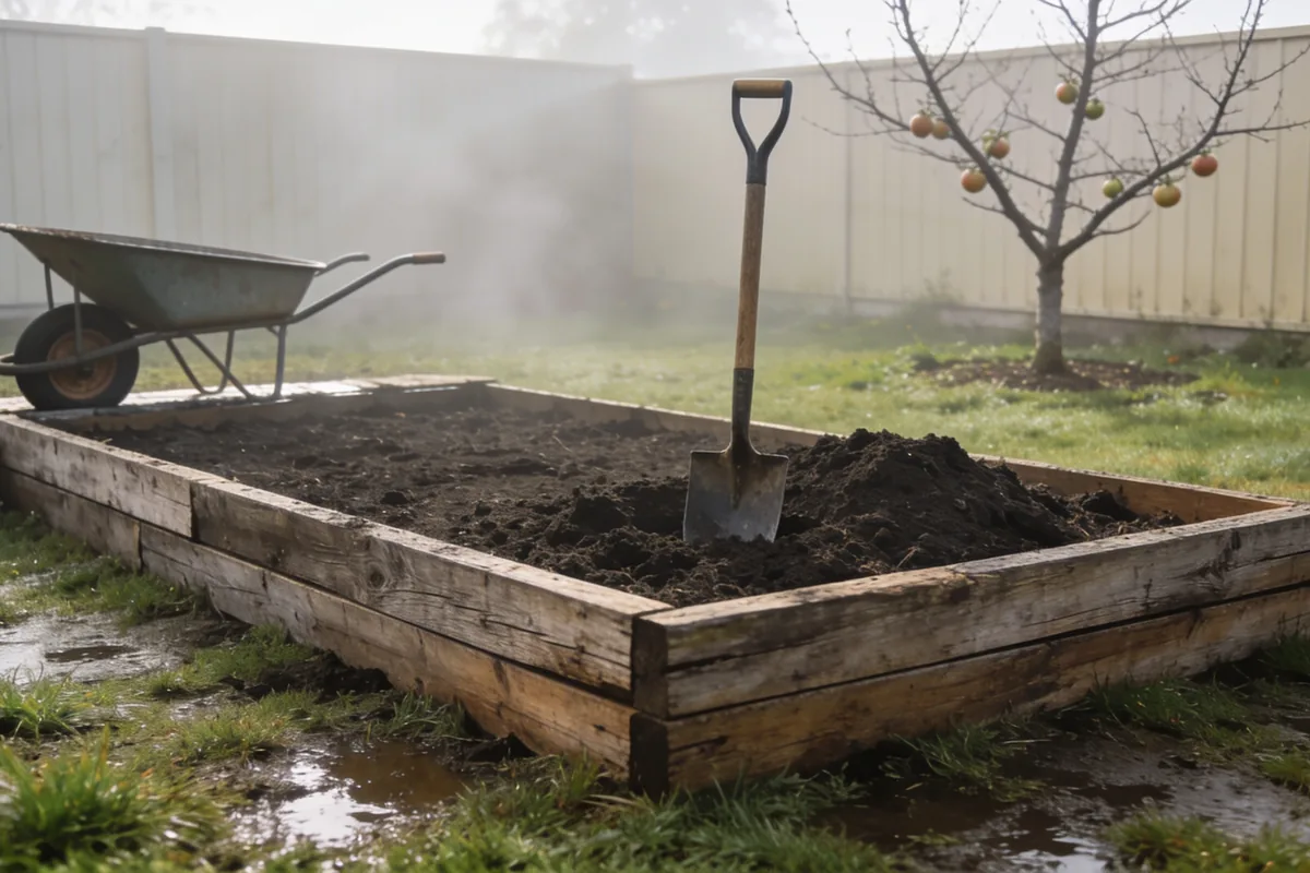 An empty raised garden bed of weathered hardwood sleepers holding heaped dark soil, a spade standing in it and a wheelbarrow beside, on wet lawn in a misty Australian backyard