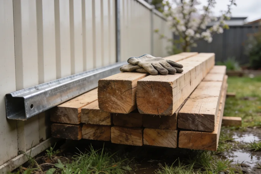 A stack of fresh untreated timber sleepers with galvanised steel edging and work gloves, resting against a paling fence in an Australian backyard in early spring.