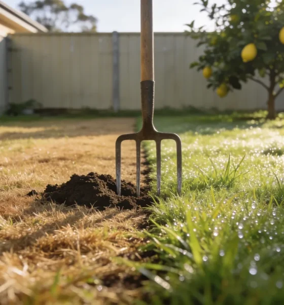 A backyard lawn in early spring light showing a clear line between straw-brown dead grass and green growth, a garden fork upright with a plug of soil beside it and a lemon tree behind