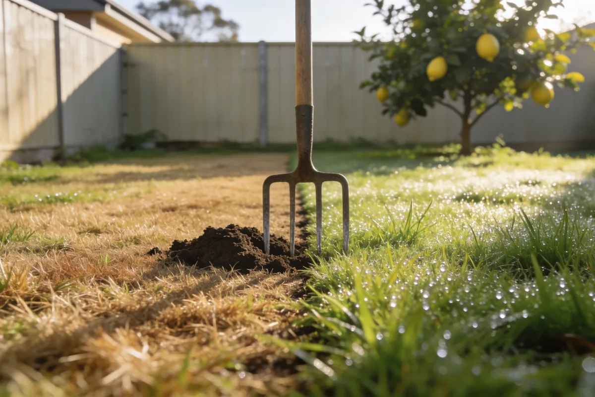 A backyard lawn in early spring light showing a clear line between straw-brown dead grass and green growth, a garden fork upright with a plug of soil beside it and a lemon tree behind