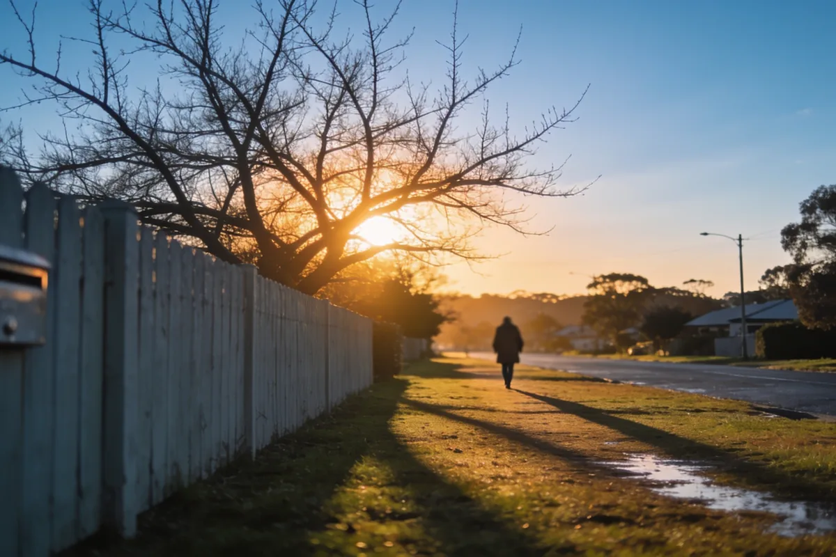 A quiet Australian suburban street at sunset in mid-winter, bare branches in front of a low ochre sun, long shadows on wet grass and a person in a coat walking away in the distance