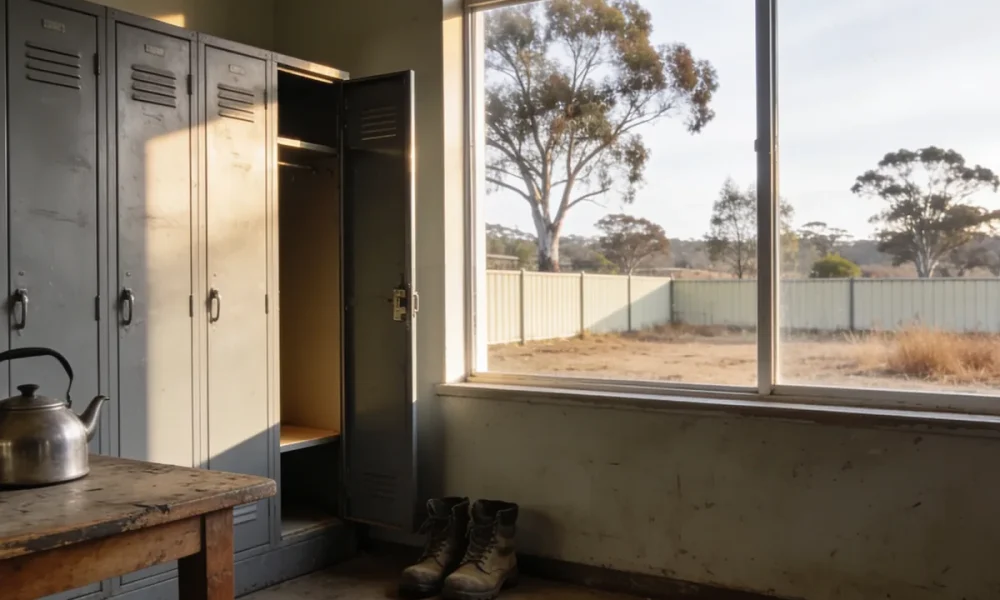 A depot smoko room at the end of a shift, a stainless steel kettle on a worn timber table, an open grey locker with work boots below and a high window onto a dry Australian yard