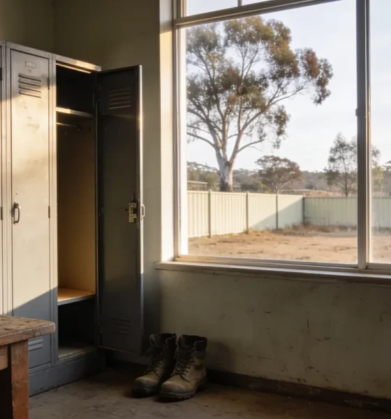 A depot smoko room at the end of a shift, a stainless steel kettle on a worn timber table, an open grey locker with work boots below and a high window onto a dry Australian yard