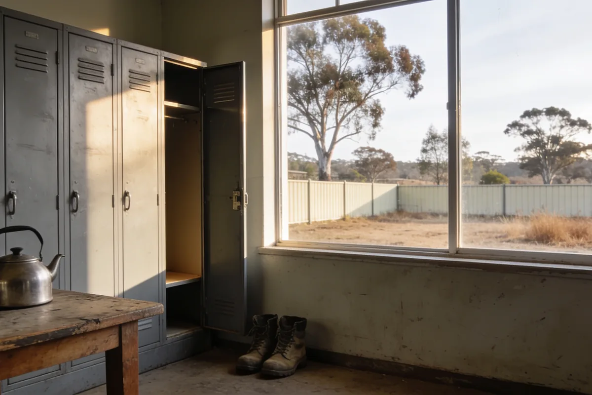 A depot smoko room at the end of a shift, a stainless steel kettle on a worn timber table, an open grey locker with work boots below and a high window onto a dry Australian yard