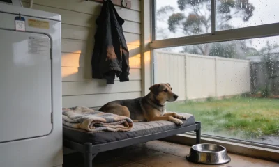 A short-coated dog lying on a raised bed with a folded blanket in an Australian laundry on a wet winter morning, green grass and a paling fence beyond the rain-streaked window