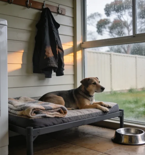 A short-coated dog lying on a raised bed with a folded blanket in an Australian laundry on a wet winter morning, green grass and a paling fence beyond the rain-streaked window