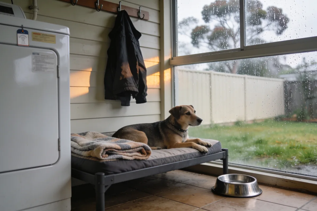 A short-coated dog lying on a raised bed with a folded blanket in an Australian laundry on a wet winter morning, green grass and a paling fence beyond the rain-streaked window