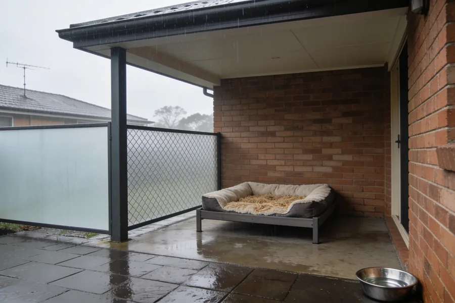 A raised dog bed with dry bedding and a windbreak panel under the covered side of an Australian house on a rainy winter morning, a water bowl on the paving.