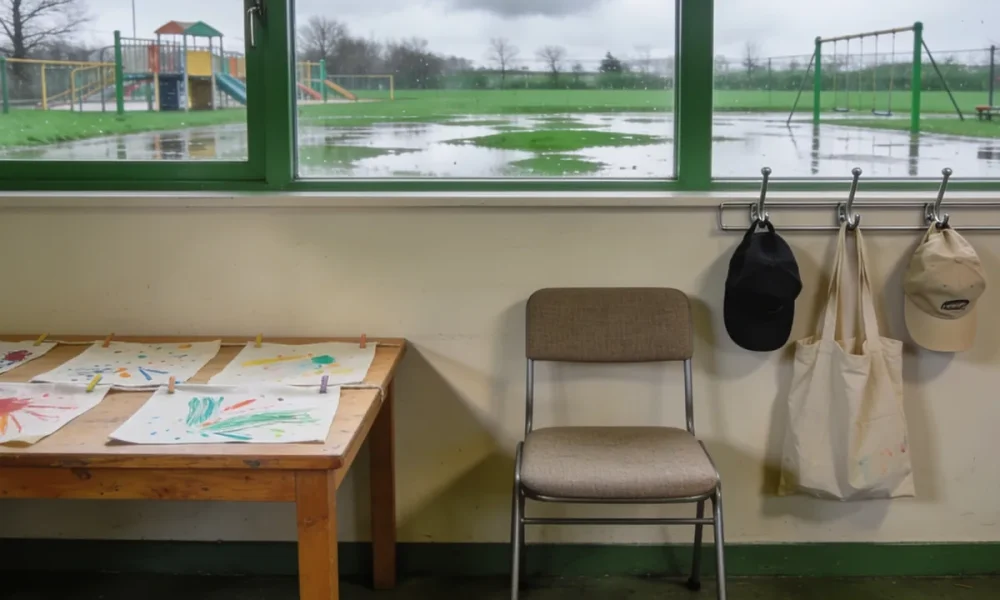 The entry area of an Australian early learning centre: children's paintings drying on a low table, a chair and a row of plain bags and hats on hooks, a wet playground beyond the window