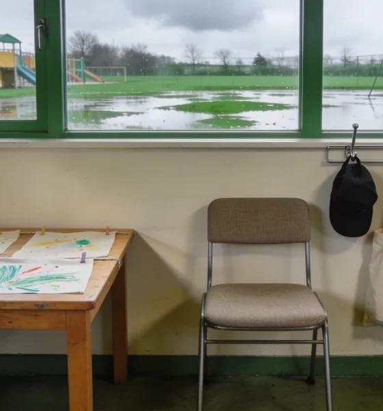 The entry area of an Australian early learning centre: children's paintings drying on a low table, a chair and a row of plain bags and hats on hooks, a wet playground beyond the window