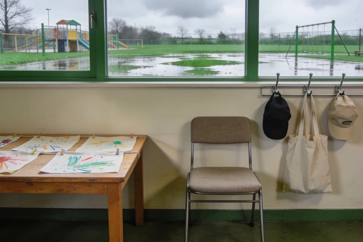 The entry area of an Australian early learning centre: children's paintings drying on a low table, a chair and a row of plain bags and hats on hooks, a wet playground beyond the window