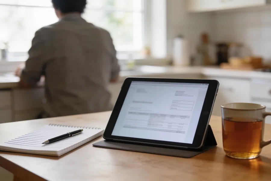 Over-the-shoulder view of a person at a kitchen table reading a blurred statement on a tablet, with a pen and a notepad beside them.