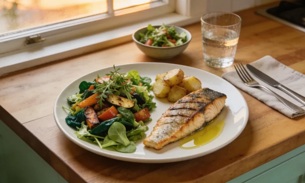 A home meal on a timber table: grilled fish, roast potatoes and a large salad on a plate with olive oil, a glass of water and cutlery on a napkin