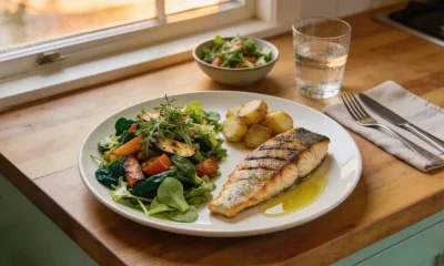 A home meal on a timber table: grilled fish, roast potatoes and a large salad on a plate with olive oil, a glass of water and cutlery on a napkin