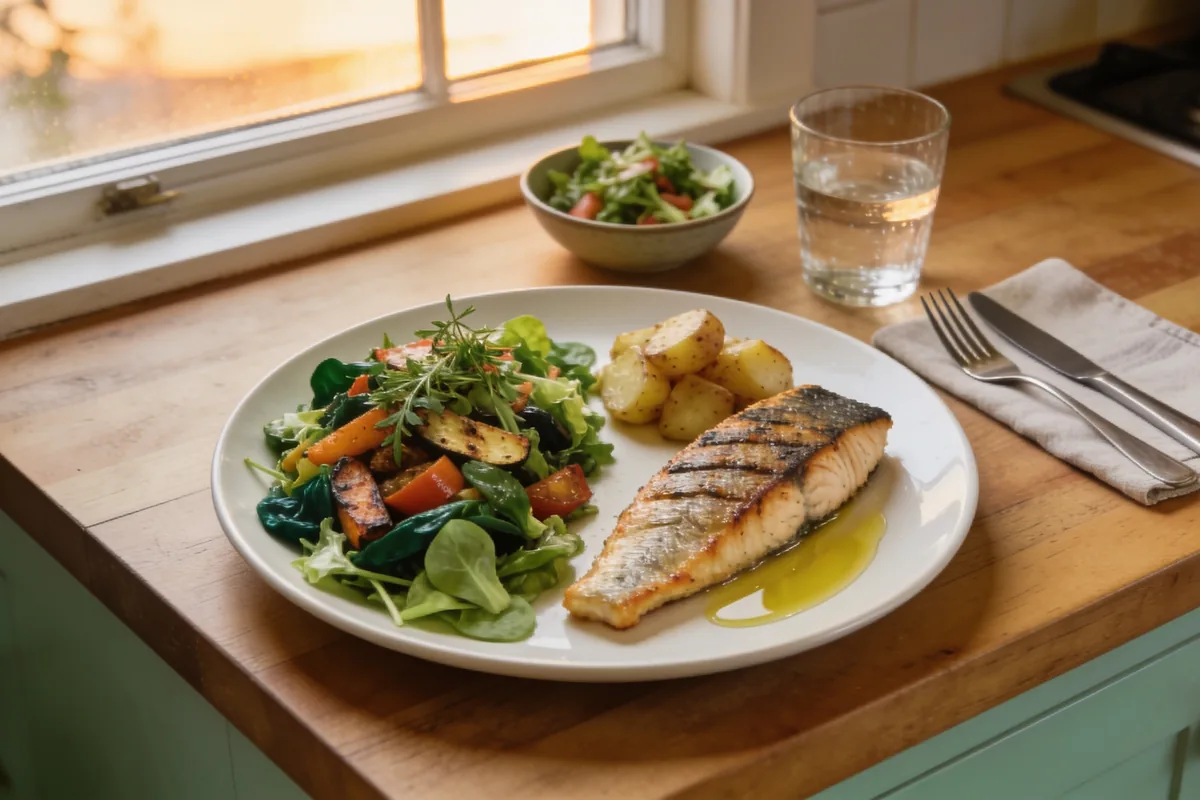 A home meal on a timber table: grilled fish, roast potatoes and a large salad on a plate with olive oil, a glass of water and cutlery on a napkin