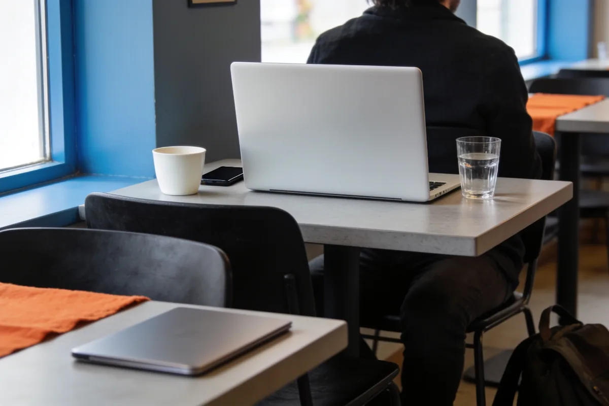 A person seen from behind working on a laptop at a cafe table, its screen facing away, with a coffee, a glass of water and a phone beside it