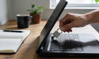 A hand holding a small security key towards a laptop's side port on a timber desk, with a notebook of blank pages, a pen, a mug and a plant beside it
