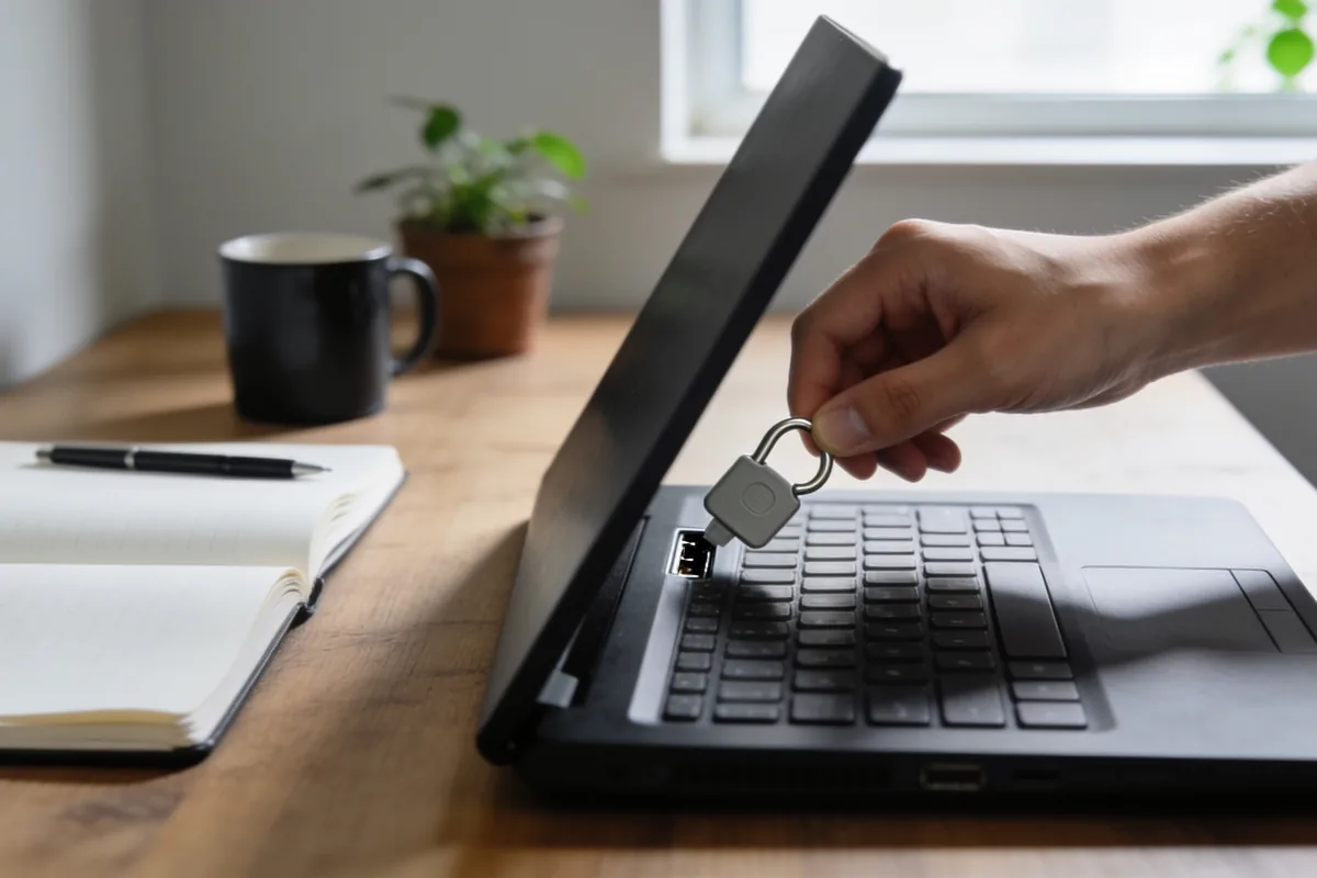 A hand holding a small security key towards a laptop's side port on a timber desk, with a notebook of blank pages, a pen, a mug and a plant beside it
