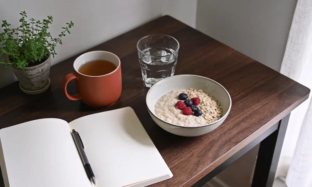 A kitchen table with a blank notebook and pen beside a breakfast of porridge with berries, a mug of tea, water and a potted herb