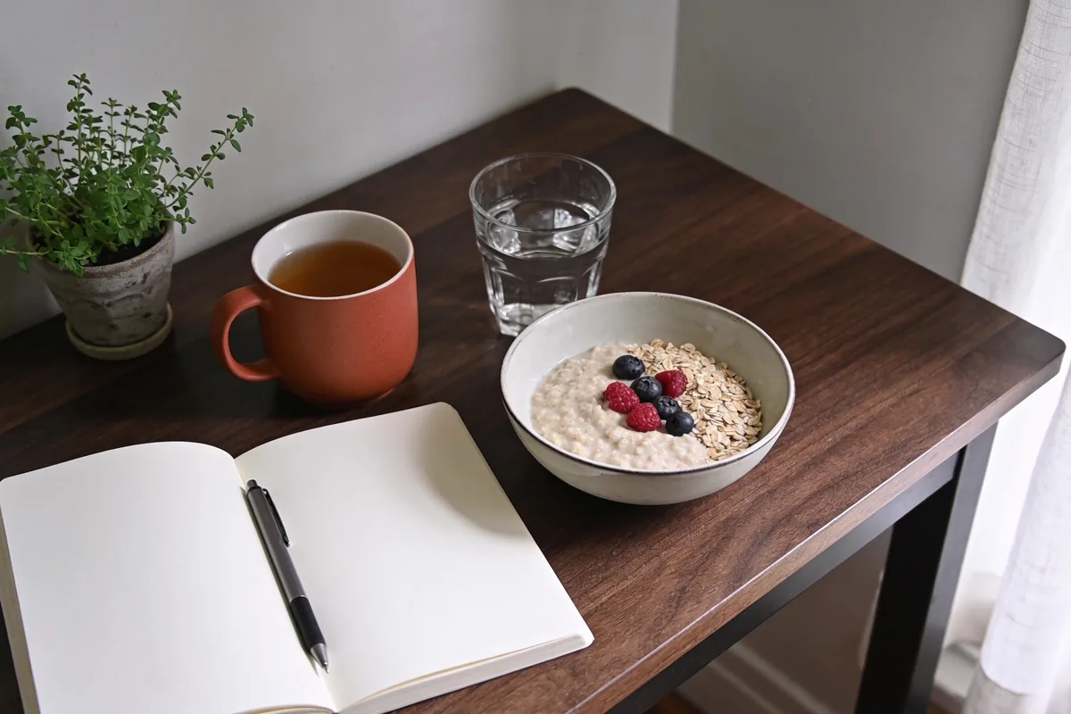 A kitchen table with a blank notebook and pen beside a breakfast of porridge with berries, a mug of tea, water and a potted herb