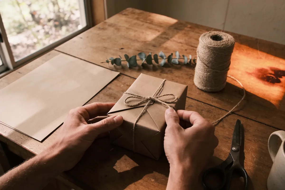 Hands tying twine around a brown-paper-wrapped box on a timber table, with a spool of twine, eucalyptus sprig, plain paper and scissors