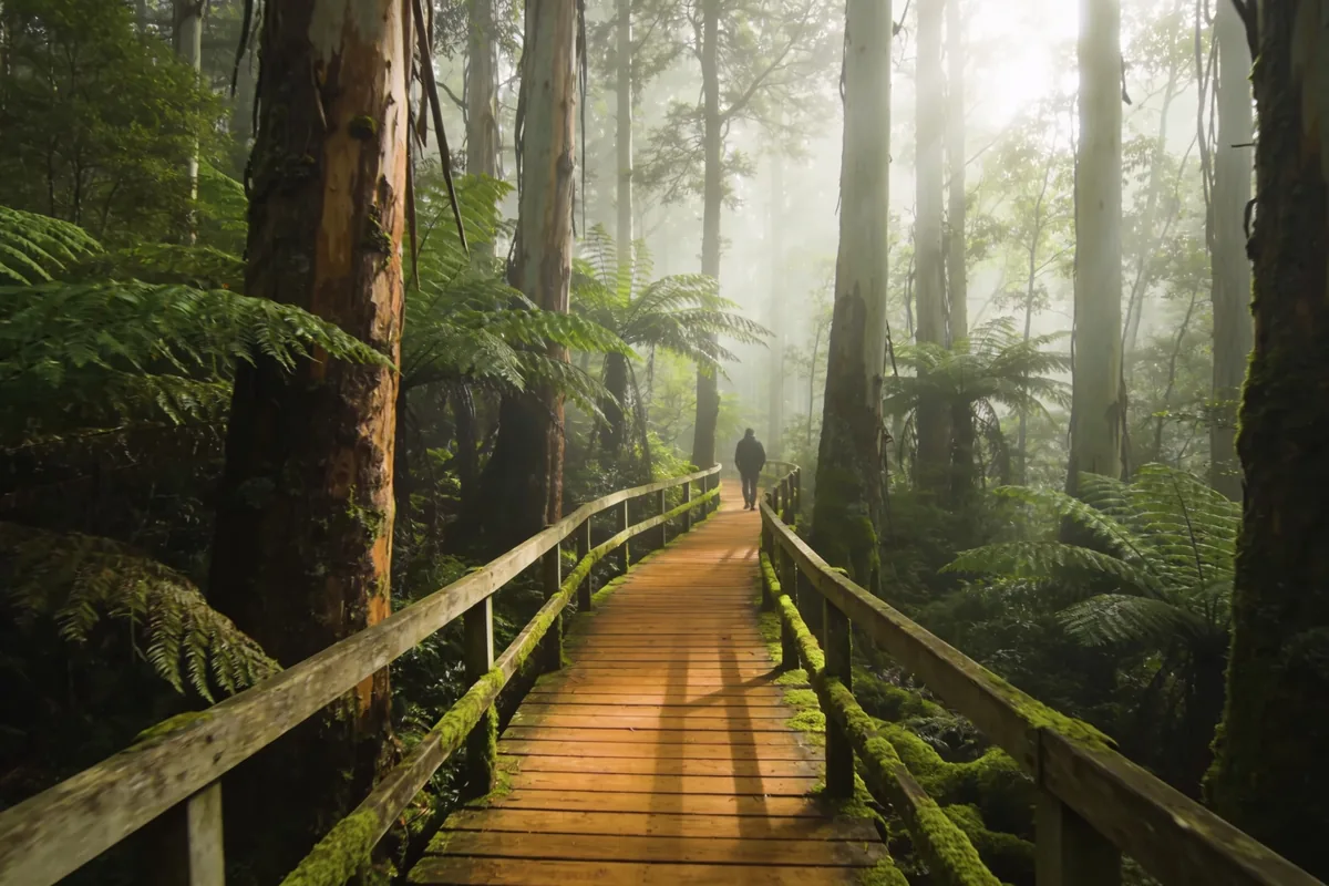 A mossy timber boardwalk curving through a misty Australian forest of mountain ash and tree ferns, with a lone walker in the distance
