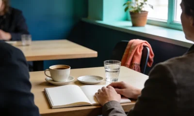 Two people in conversation at a cafe table with coffee, water and an open notebook of blank pages between them