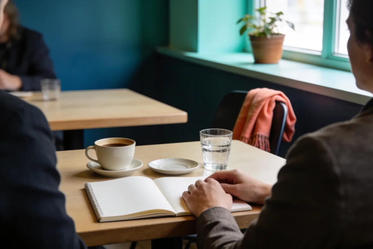 Two people in conversation at a cafe table with coffee, water and an open notebook of blank pages between them