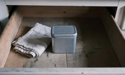 An open kitchen drawer in an Australian home holding a plain lidded tin and a folded cloth, in soft winter morning light