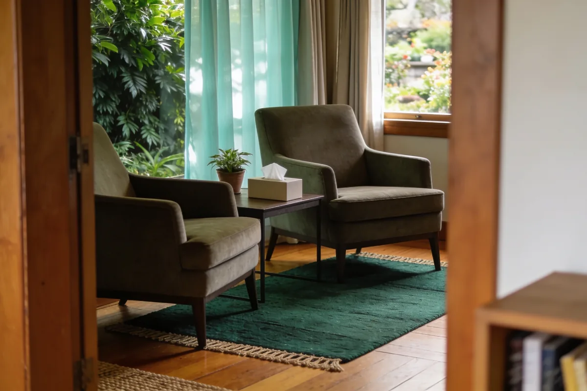 Two armchairs facing each other across a low table with a plant and a tissue box in a calm counselling room, daylight through curtains