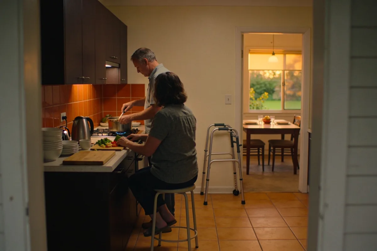 Two adults cooking an evening meal together in a home kitchen, one seated at the bench, with a folded walking frame against the wall and a table set beyond