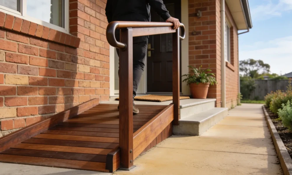 A timber access ramp with a handrail leading to the front door of a brick home, a person walking up with one hand on the rail, garden path beside it