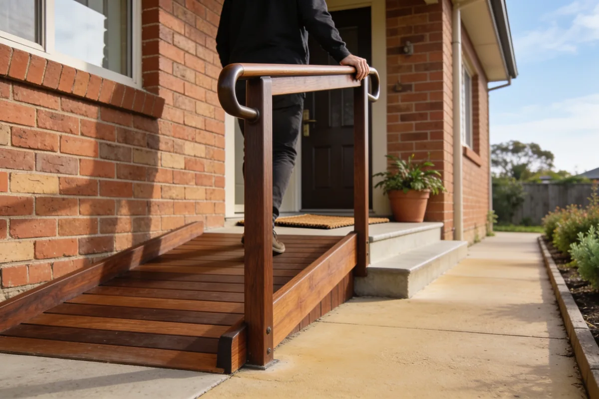 A timber access ramp with a handrail leading to the front door of a brick home, a person walking up with one hand on the rail, garden path beside it