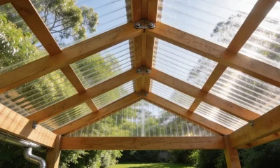 Clear polycarbonate roofing sheets over a timber pergola frame in a suburban Australian backyard, daylight showing through the sheets