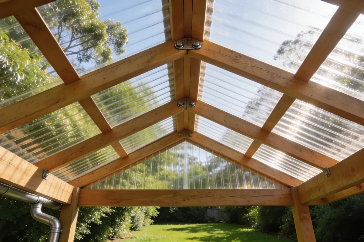 Clear polycarbonate roofing sheets over a timber pergola frame in a suburban Australian backyard, daylight showing through the sheets