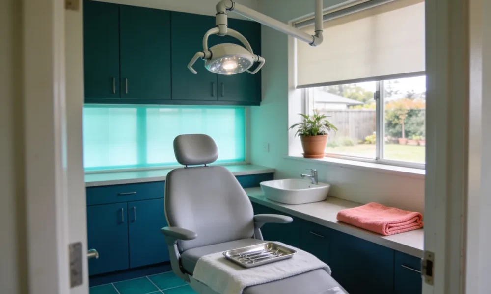 A dental surgery seen from the doorway, with the chair, overhead light and a tray of instruments on a towel, a basin and a garden window behind