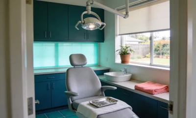 A dental surgery seen from the doorway, with the chair, overhead light and a tray of instruments on a towel, a basin and a garden window behind