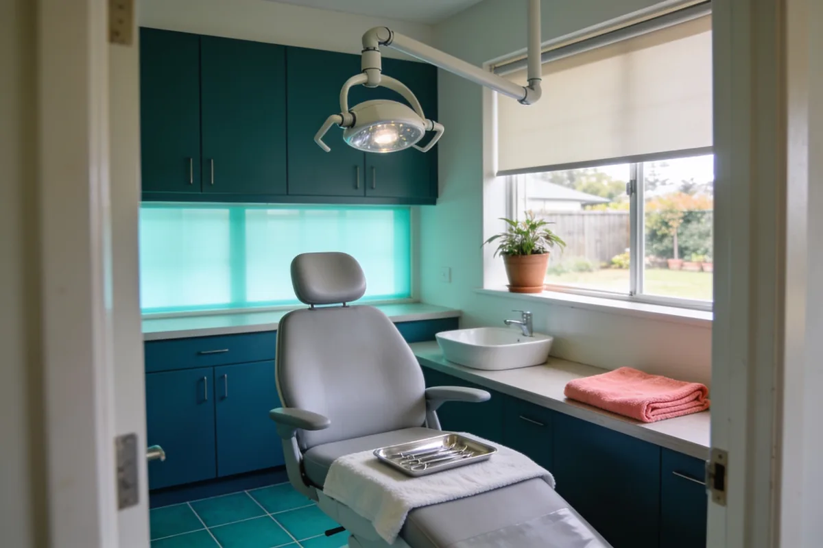 A dental surgery seen from the doorway, with the chair, overhead light and a tray of instruments on a towel, a basin and a garden window behind