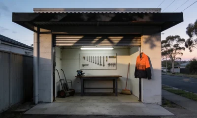 A small suburban workshop unit open at dawn with tools on a pegboard, a workbench, a trolley and a broom inside, and a high-visibility jacket on a hook