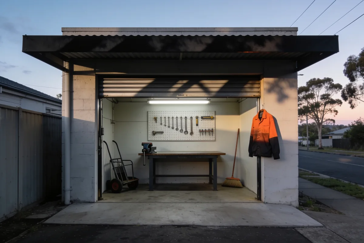 A small suburban workshop unit open at dawn with tools on a pegboard, a workbench, a trolley and a broom inside, and a high-visibility jacket on a hook