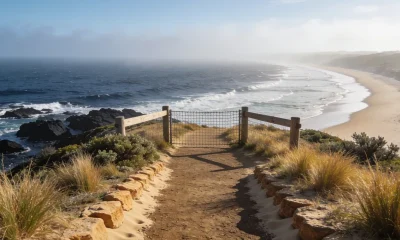 A clifftop coastal walk closed by a plain timber and mesh gate, with the ocean breaking below and a long beach curving away under morning haze