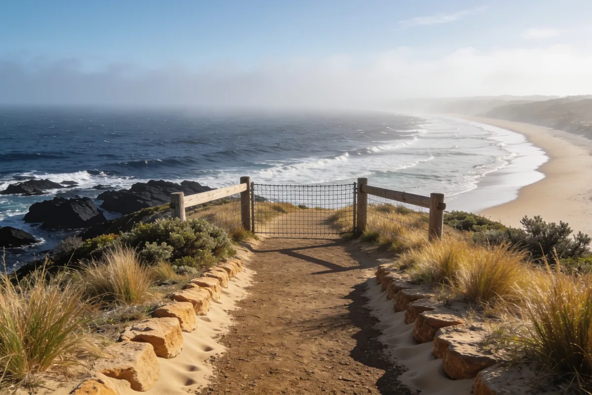 A clifftop coastal walk closed by a plain timber and mesh gate, with the ocean breaking below and a long beach curving away under morning haze